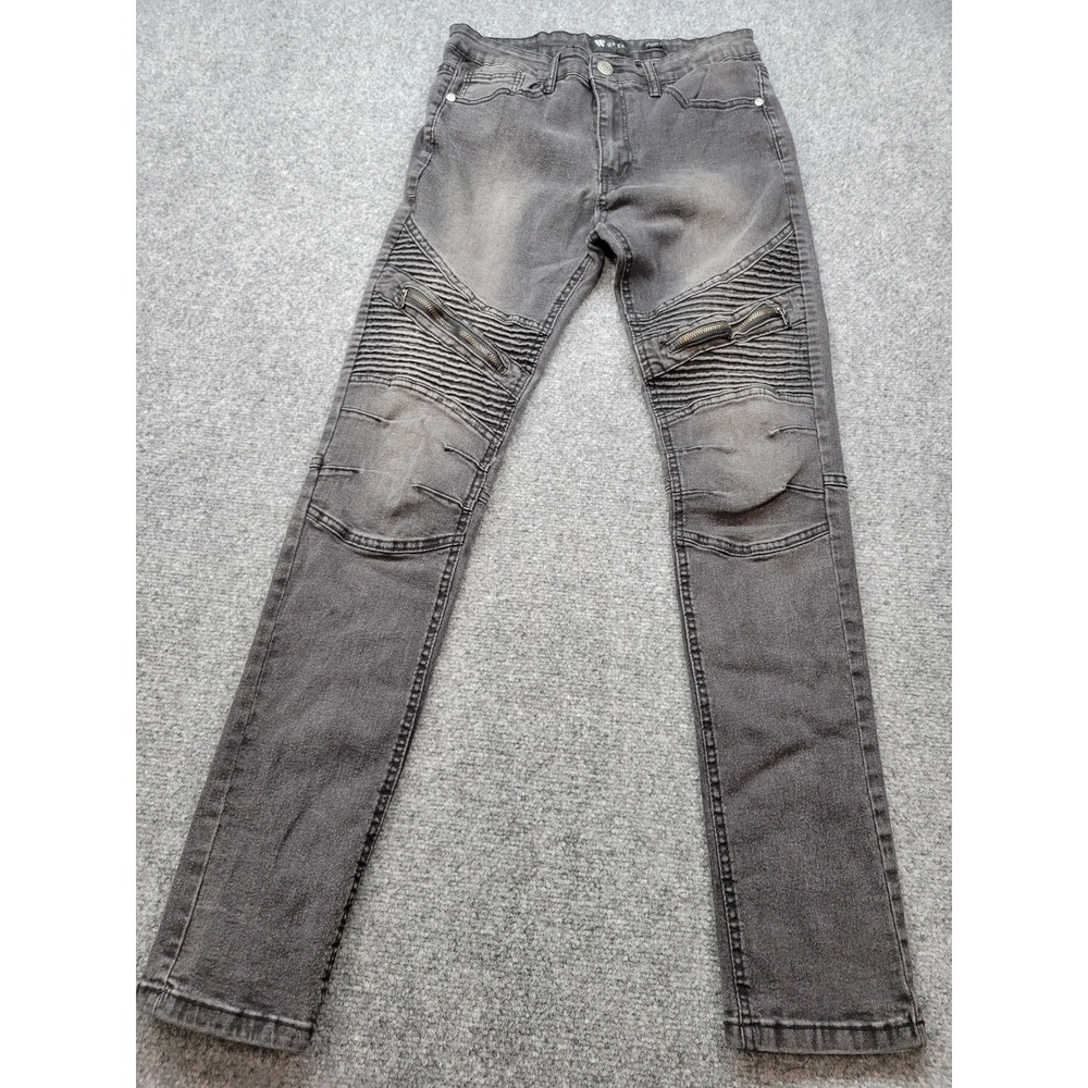 Waimea Mens Moto Jeans Faded Black Slim Fit Ribbed Knee Zipper Denim 31x32